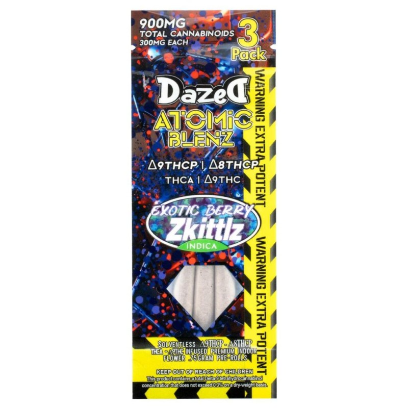 DAZED ATOMIC BLENZ 0.75G - 3 PACK PRE ROLLS EXOTIC BERRY ZKITTLZ INDICA