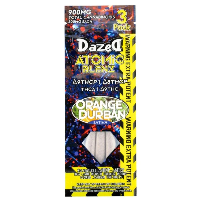 DAZED ATOMIC BLENZ 0.75G - 3 PACK PRE ROLLS ORANGE DURBAN SATIVA