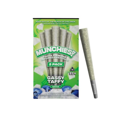 DELTA MUNCHIES 5PK THC-A DIAMOND INFUSED PREROLLS 10 PER BOX - GASSY TAFFY (S)