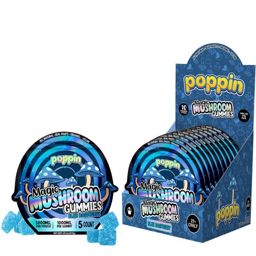 POPPIN MAGIC MUSHROOM GUMMIES 5000MG 5PC/10PK- BLUE RASPBERRY