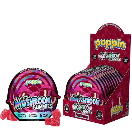 POPPIN MAGIC MUSHROOM GUMMIES 5000MG 5PC/10PK- FRUIT PUNCH