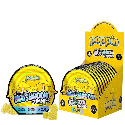 POPPIN MAGIC MUSHROOM GUMMIES 5000MG 5PC/10PK- MANGO
