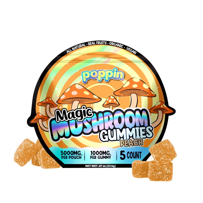 POPPIN MAGIC MUSHROOM GUMMIES 5000MG 5PC/10PK- PEACH